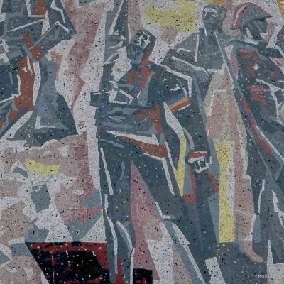 Panou de mozaic (detaliu) pe fațada fostului Muzeu de Istorie a Partidului Comunist (azi Muzeul Țăranului Român)