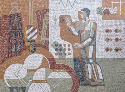 Large mosaic panel on the facade of the Palace of Youth.