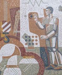 Large mosaic panel on the facade of the Palace of Youth.