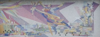 „Geneza”, elemente primordiale ale vieții, mozaic din piatră naturală pe fațada Casei de Cultură Mangalia